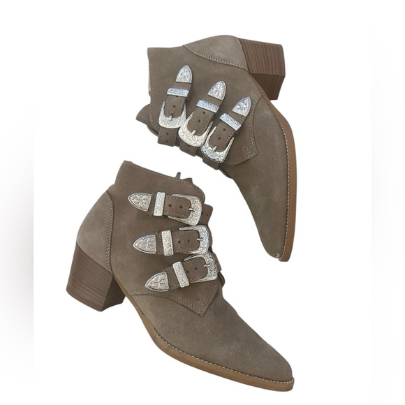 ASOS Shoes - ASOS Triple Buckle Suede Western Ankle Boots Taupe Size 5 | Made in Italy